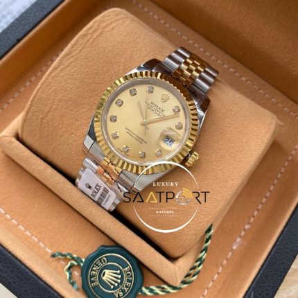 Rolex Saat Datejust Tırtıklı Gold Bezel Taşlı Gold Kadran Jubile Çelik Kordon