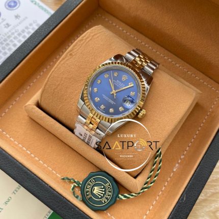 Rolex Saat Datejust Tırtıklı Gold Bezel Taşlı Mavi Kadran Jubile Çelik Kordon