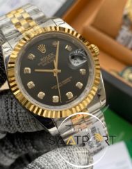 Rolex Saat Datejust Tırtıklı Gold Bezel Taşlı Siyah Kadran Jubile Çelik Kordon