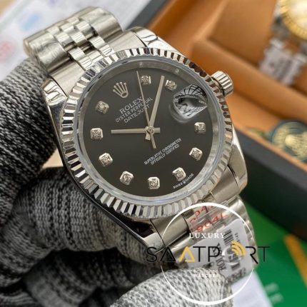 Rolex Saat Datejust Tırtıklı Çelik Bezel Taşlı Siyah Kadran Jubile Çelik Kordon