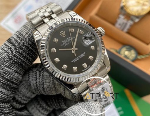 Rolex Saat Datejust Tırtıklı Çelik Bezel Taşlı Siyah Kadran Jubile Çelik Kordon