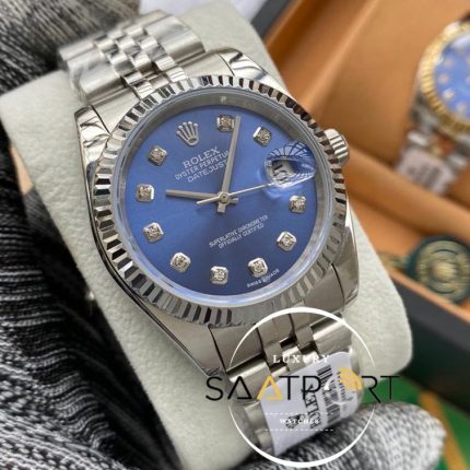 Rolex Saat Datejust Tırtıklı Çelik Bezel Taşlı Mavi Kadran Jubile Çelik Kordon