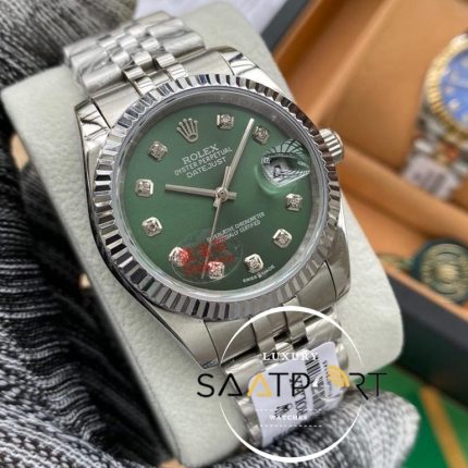 Rolex Saat Datejust Tırtıklı Çelik Bezel Taşlı Yeşil Kadran Jubile Çelik Kordon