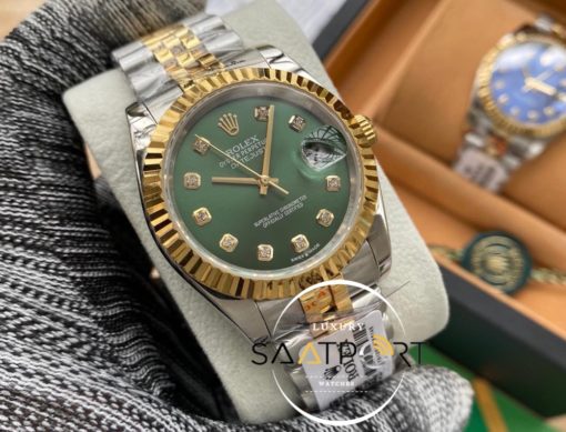 Rolex Saat Datejust Tırtıklı Gold Bezel Taşlı Yeşil Kadran Jubile Çelik Kordon